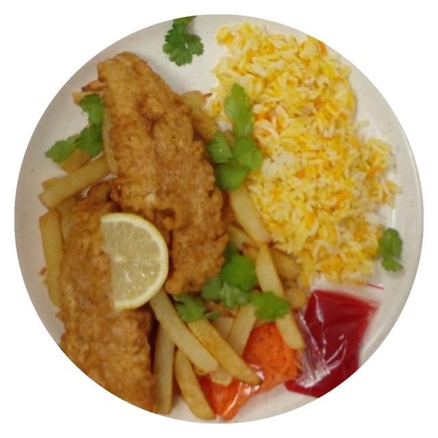 Fried Hake, Chips & Rice 